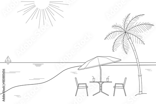 Black And White Outline Drawing Of A Striped Beach Umbrella The Black And White Outline Drawing Of A Striped Beach Umbrella The Two Wooden Chairs On