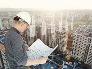 Collage with engineer holding construction plans