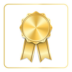 Wall Mural - Award ribbon gold icon. Blank medal isolated on white background. Stamp rosette design trophy. Golden emblem. Symbol of winner, celebration, sport achievement, champion. Vector illustration