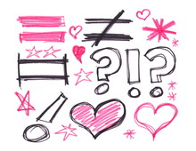 Black And Pink Marker Drawing Of Various Symbols, Isolated On White Background