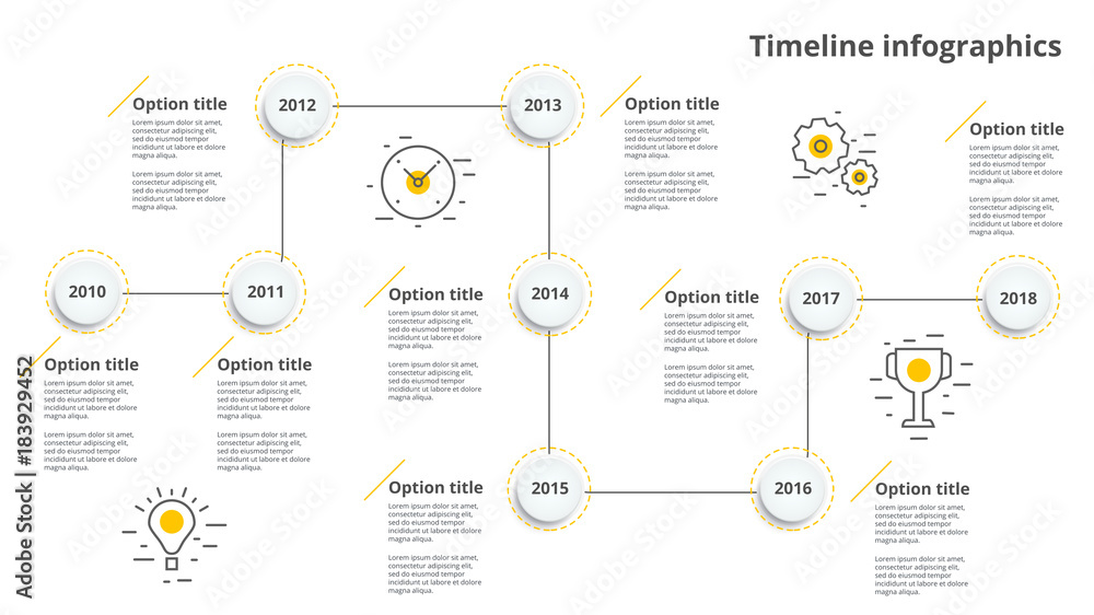 Linear business timeline workflow infographics. Corporate milestones graphic elements. Company presentation slide template with year periods. Modern vector history time line design. - obrazy, fototapety, plakaty 
