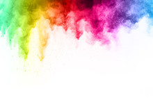Abstract Powder Splatted On White Background,Freeze Motion Of Color Powder Exploding/throwing Color Powder, Multicolored Glitter Texture.