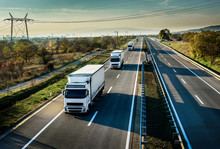 Caravan Of White Trucks In Line On Country Highway