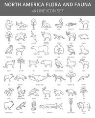 Wall Mural - Flat North America flora and fauna  elements. Animals, birds and sea life simple line icon set
