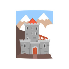 Sticker - Old medieval castle with mountains landscape. Fortress with wooden gate, arched windows and defensive turrets. Flat vector design for story book, mobile game or postcard