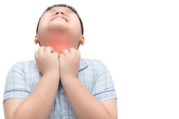 boy with sore throat touching his neck isolated