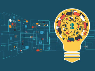 Wall Mural - cyber security concept vector illustration. keyhole and light bulb on multicolor technology circle b