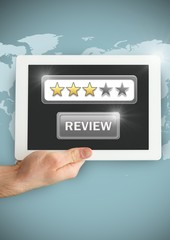 Sticker - Hand holding tablet with review button and star ratings review