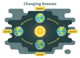 Changing seasons on planet earth diagram, graphic vector illustration with sun and planet earth

