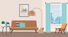 The Design Of The Living Room With Fashionable Furniture. Vector Illustration Of A Flat Style.