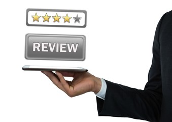 Sticker - Hand holding tablet and Review button with stars rating