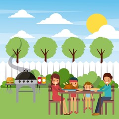 Wall Mural - family eating dinner in the garden with grill hot food vector illustration