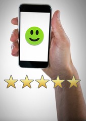 Canvas Print - Hand holding phone with smiley face and five star review