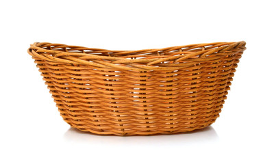 Empty wooden fruit or bread basket on white background