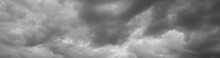 Thunderclouds Over Horizon, Cloudscape, Storm. Panorama Of A Gray Gloomy Sky.