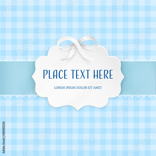 Fotografía Cutout 3D paper figure frame label with silver satin bow and light blue ribbon on the checkered tile seamless pattern