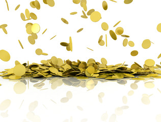 Wall Mural - Falling golden coins on white background