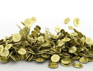 Wall Mural - Falling gold coins on white background