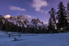 Bright Night In Snowy Winter Valley In Alpine Ski Resort