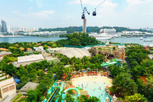 Singapore Cable Car, Modern Transportation On The Sentosa Island To Travel And Sightseeing With Aerial View 360 Degree. Singapore Travel And Cityscape.