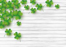 St Patricks Day Background Design Of Clover Leaves On White Wood With Copy Space Vector Illustration