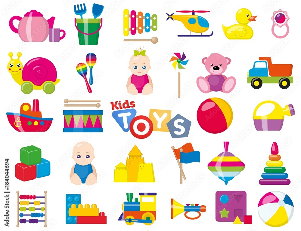 Kids toys. A set of children's toys for the youngest. Vector illustration. - obrazy, fototapety, plakaty 