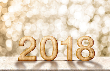 Poster - Happy new year 2018 wood number (3d rendering)on marble table with sparkling gold bokeh wall,panoramic banner for display or montage of product for holiday promotion and advertise for online content