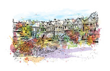 Watercolor Splash With Sketch Of Street San Francisco, California, USA In Vector Illustration.