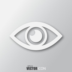 Eye icon in white style with shadow isolated on grey background.