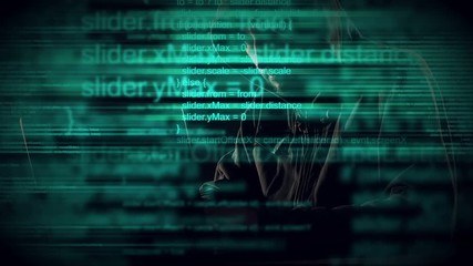 Wall Mural - hooded unrecognizable hacker and cyber criminal working on laptop, programming bugs and viruses for 