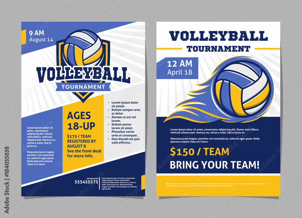 Volleyball tournament posters, flyer with volleyball ball - template vector design - obrazy, fototapety, plakaty 
