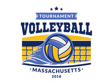 Volleyball Logo, Emblem, Icons, Designs Templates With Volleyball Ball, Net And Flame On A Light Background