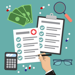 Poster - Health insurance form concept vector illustration.The hand fills the form of medical insurance. Flat design graphic elements