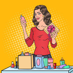 Wall Mural - Pop Art Beautiful Woman with Wrapping Cosmetics in Gift Box. Beauty Presents. Vector illustration