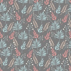  Seamless background of patterns of plant leaves and branches of leaves in pastel colours on a background of graphite . Abstract leaf texture, vector illustration.