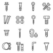 Fastener Icons Set. Assortment Of Fasteners Linear Design. Line With Editable Stroke