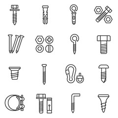 Wall Mural - fastener icons set. Assortment of fasteners linear design. Line with editable stroke
