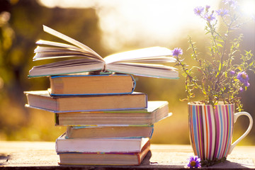 Open book on wooden table on natural background. Soft focus