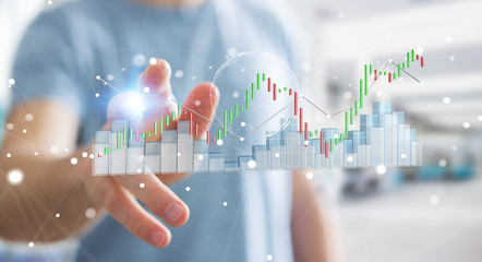 Aufkleber - Businessman using digital 3D rendered stock exchange stats and charts