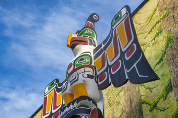 Ancient colorful Totem Pole in Duncan, British Columbia, Canada.