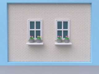 cartoon style wall window tree pot 3d rendering