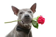 Dog In Bowtie Holding Rose In Mouth