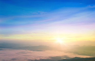 Wall Mural - world environment day concept: beautiful mountain sky autumn sunrise background. nok ann cliff, phu 