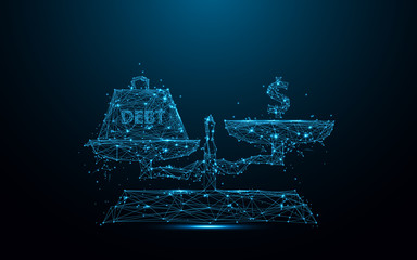 Aufkleber - Abstract debt weight and money symbols on scale icon from lines and triangles, point connecting network on blue background. Illustration vector