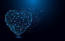 Abstract Heart Icon From Lines And Triangles, Point Connecting Network On Blue Background. Illustration Vector