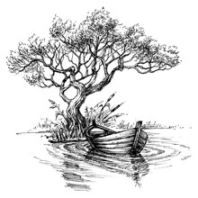 Boat On Water Under The Tree Sketch Wallpaper