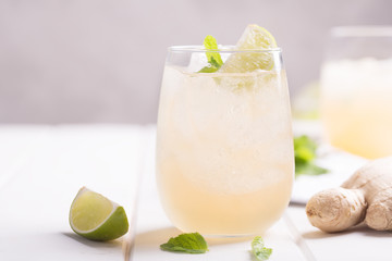 Fresh ginger beer with lime and ice