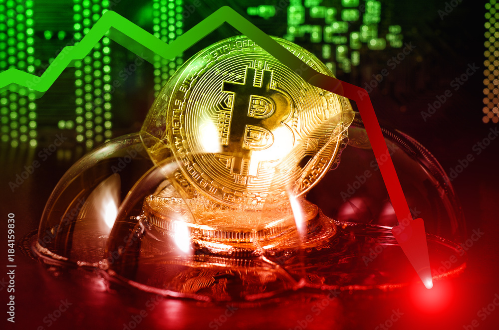 Bitcoin in a soap bubble. Unstable bitcoin concept. Exchange rate depreciation.