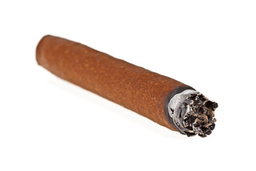 Wall Mural - Burning brown cigar isolated on white background