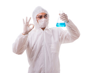 Wall Mural - Chemist working with radioactive substances isolated on white ba